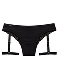 Black full-compression tucking panty with adjustable thigh straps from the ZHE Noir Allure collection