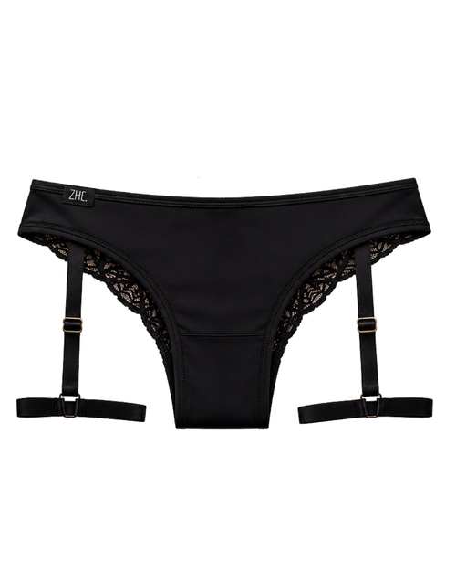 Black full-compression tucking panty with adjustable thigh straps from the ZHE Noir Allure collection