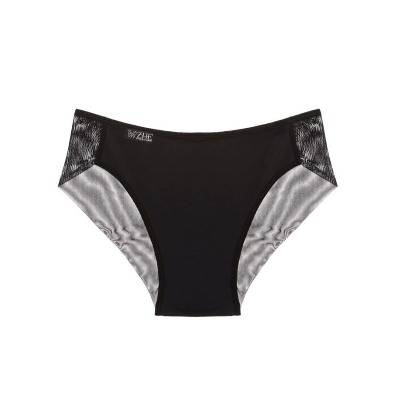 Black Bella full-compression tucking panty with sheer mesh back by ZHE