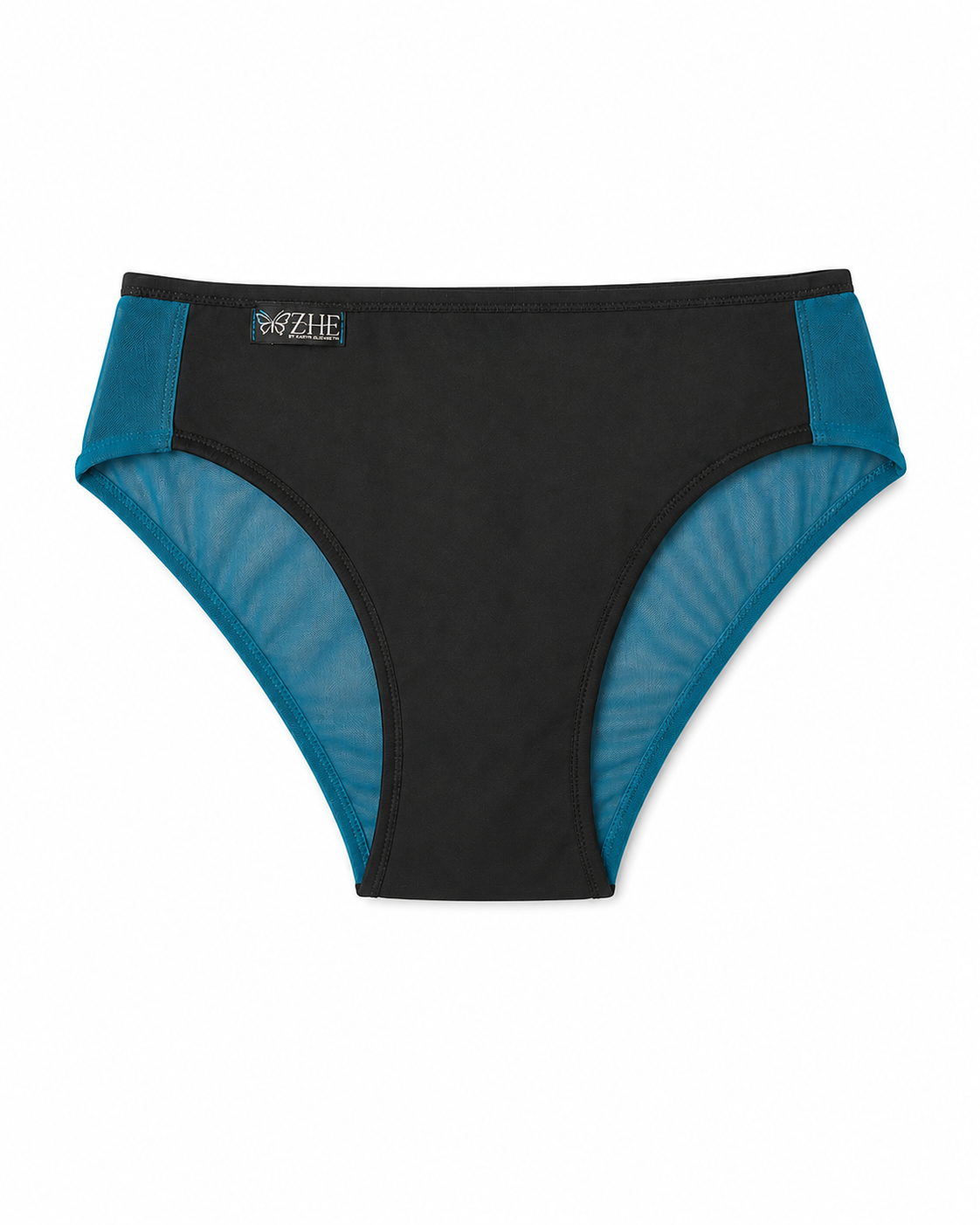 Black and teal Bella full-compression tucking panty with sheer mesh back by ZHE