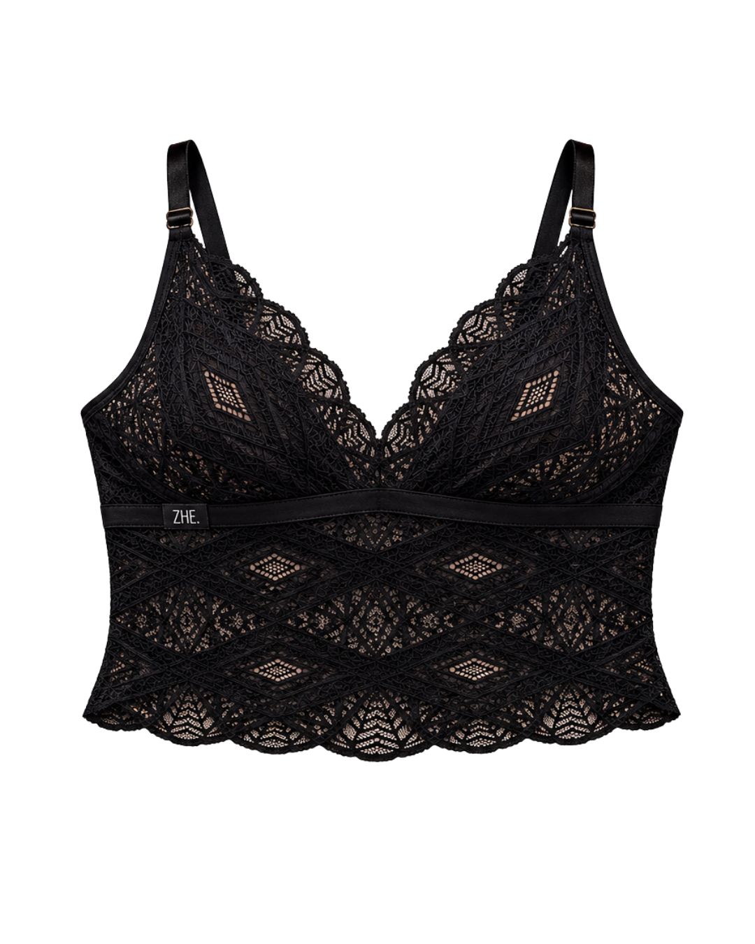 Black Noir Allure camisole bralette with geometric lace and adjustable straps by ZHE