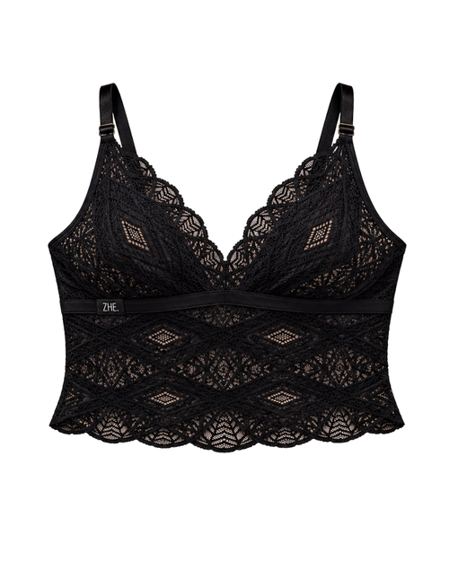 Black Noir Allure camisole bralette with geometric lace and adjustable straps by ZHE